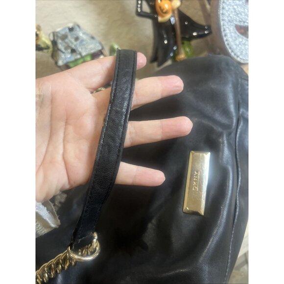 Vintage DKNY Black Leather Hobo Bag Soft Gold Handbag Y2K Purse Shoulder Bag - Picture 8 of 16